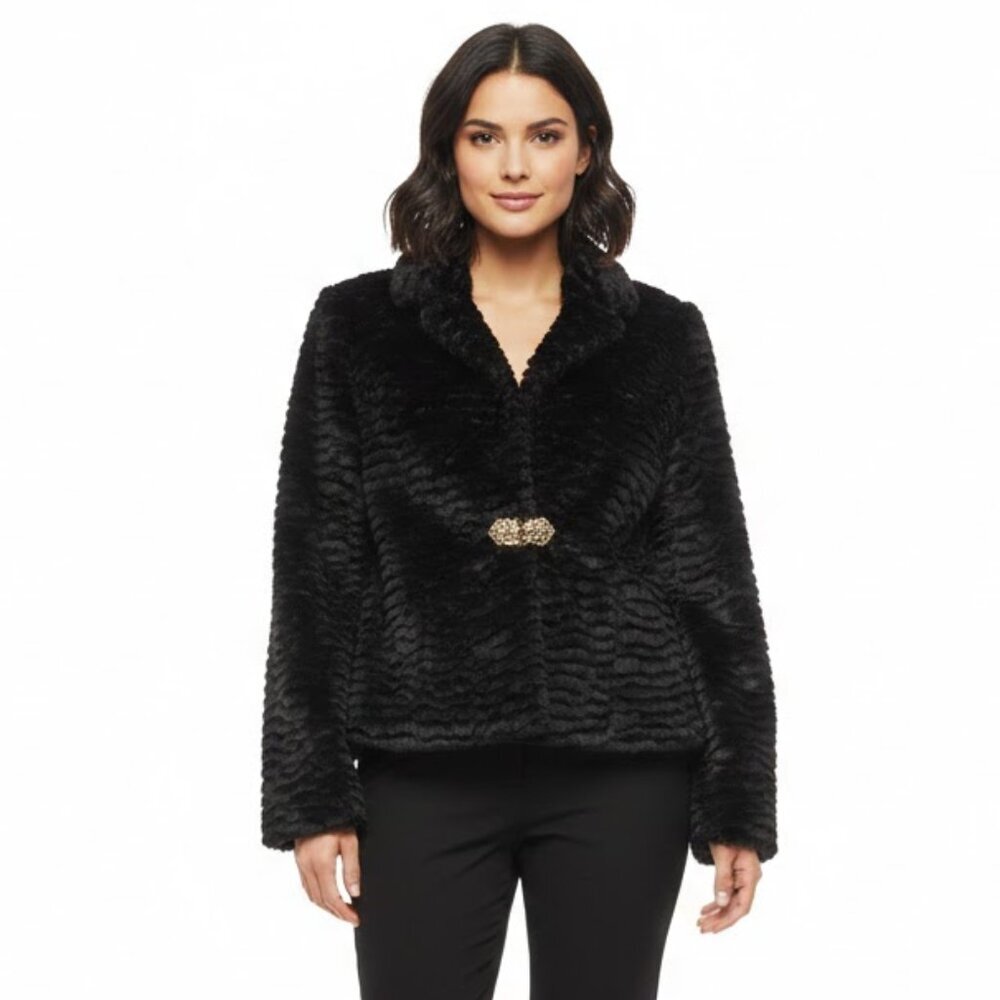 Chic Black Textured Teddy Jacket